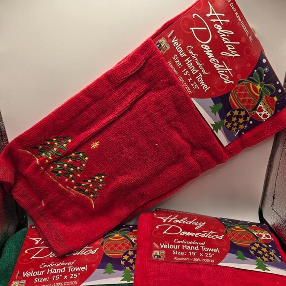 Vintage 90s Lot of 3 Christmas Velour Hand Towels Red Green Embroidered New - Picture 2 of 4
